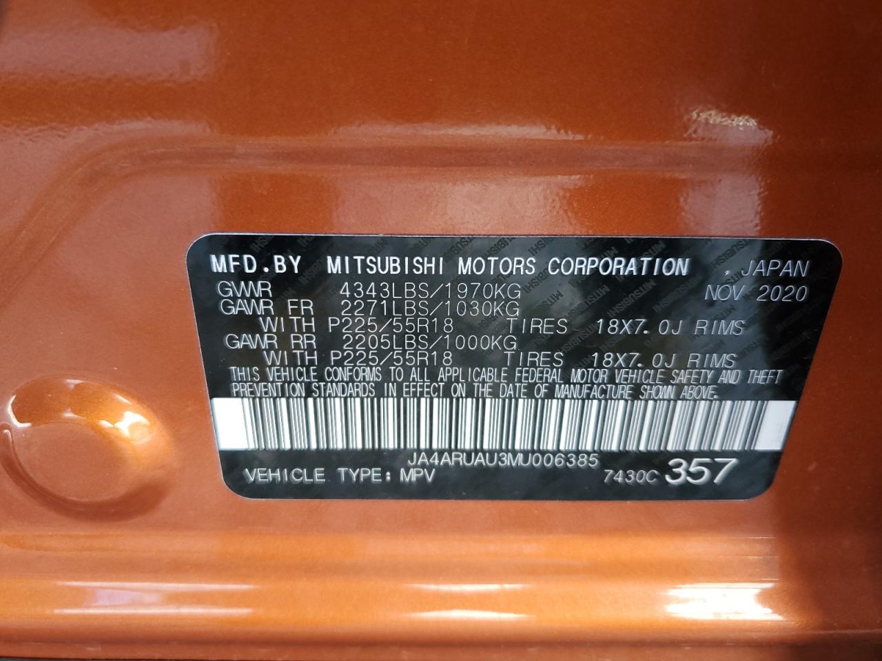 2021 Mitsubishi Outlander Sport Es VIN: JA4ARUAU3MU006385 Lot: 78620494