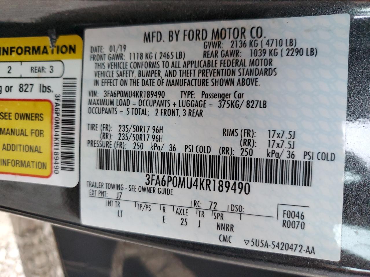 3FA6P0MU4KR189490 2019 FORD FUSION - Image 12