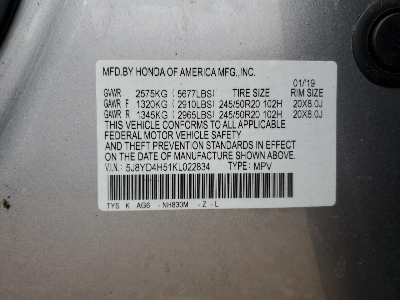 2019 Acura Mdx Technology VIN: 5J8YD4H51KL022834 Lot: 82892894