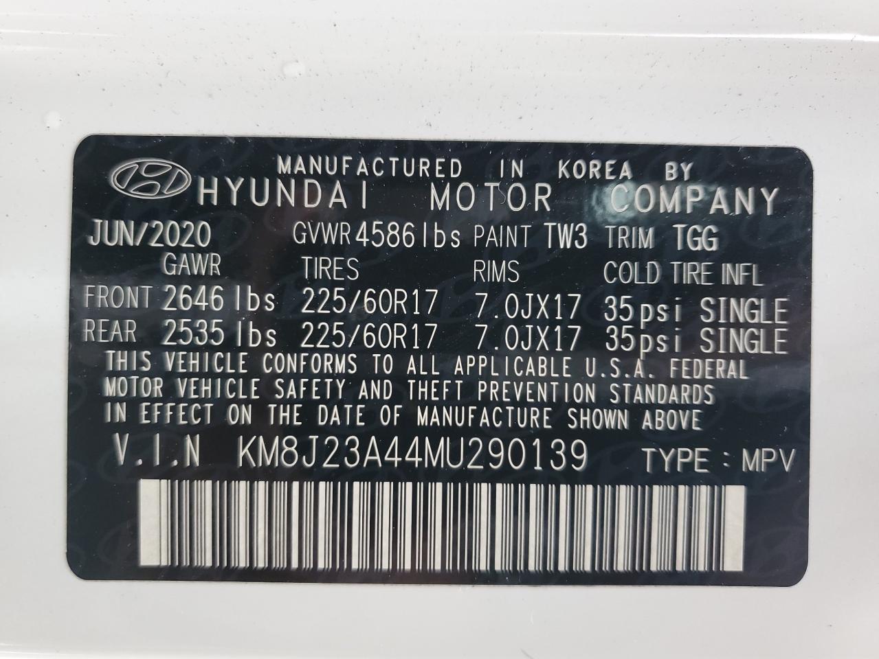 2021 Hyundai Tucson Se VIN: KM8J23A44MU290139 Lot: 79425224