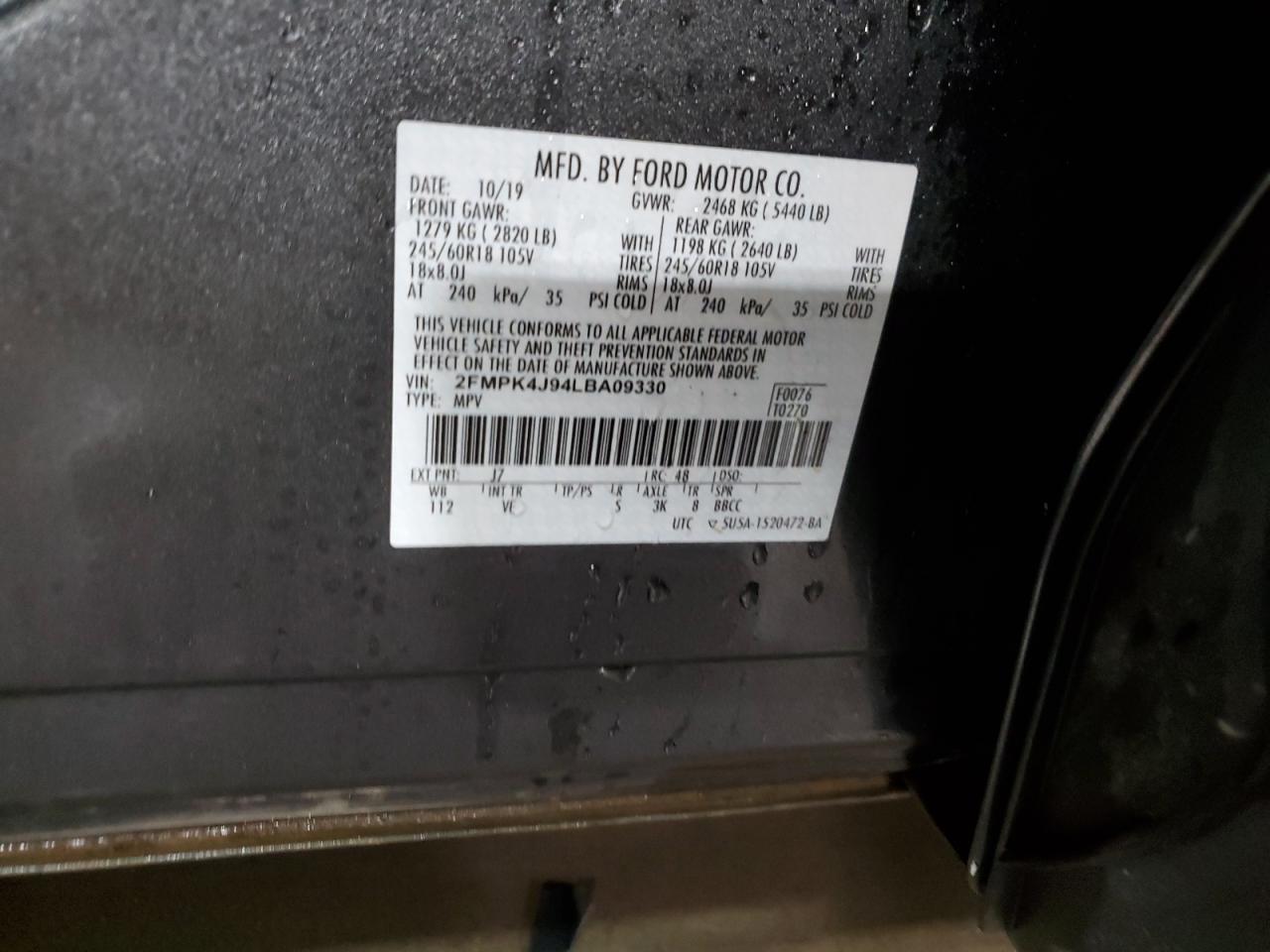 2020 Ford Edge Sel VIN: 2FMPK4J94LBA09330 Lot: 82194484