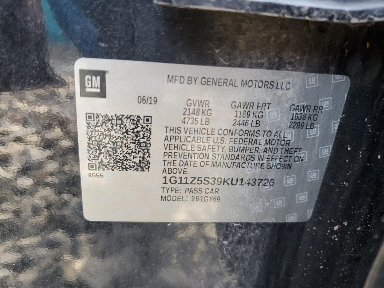 1G11Z5S39KU143726 2019 Chevrolet Impala Lt