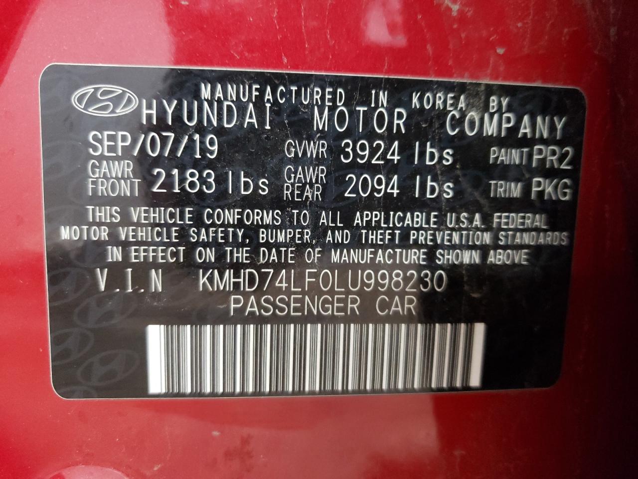 2020 Hyundai Elantra Se VIN: KMHD74LF0LU998230 Lot: 81467304