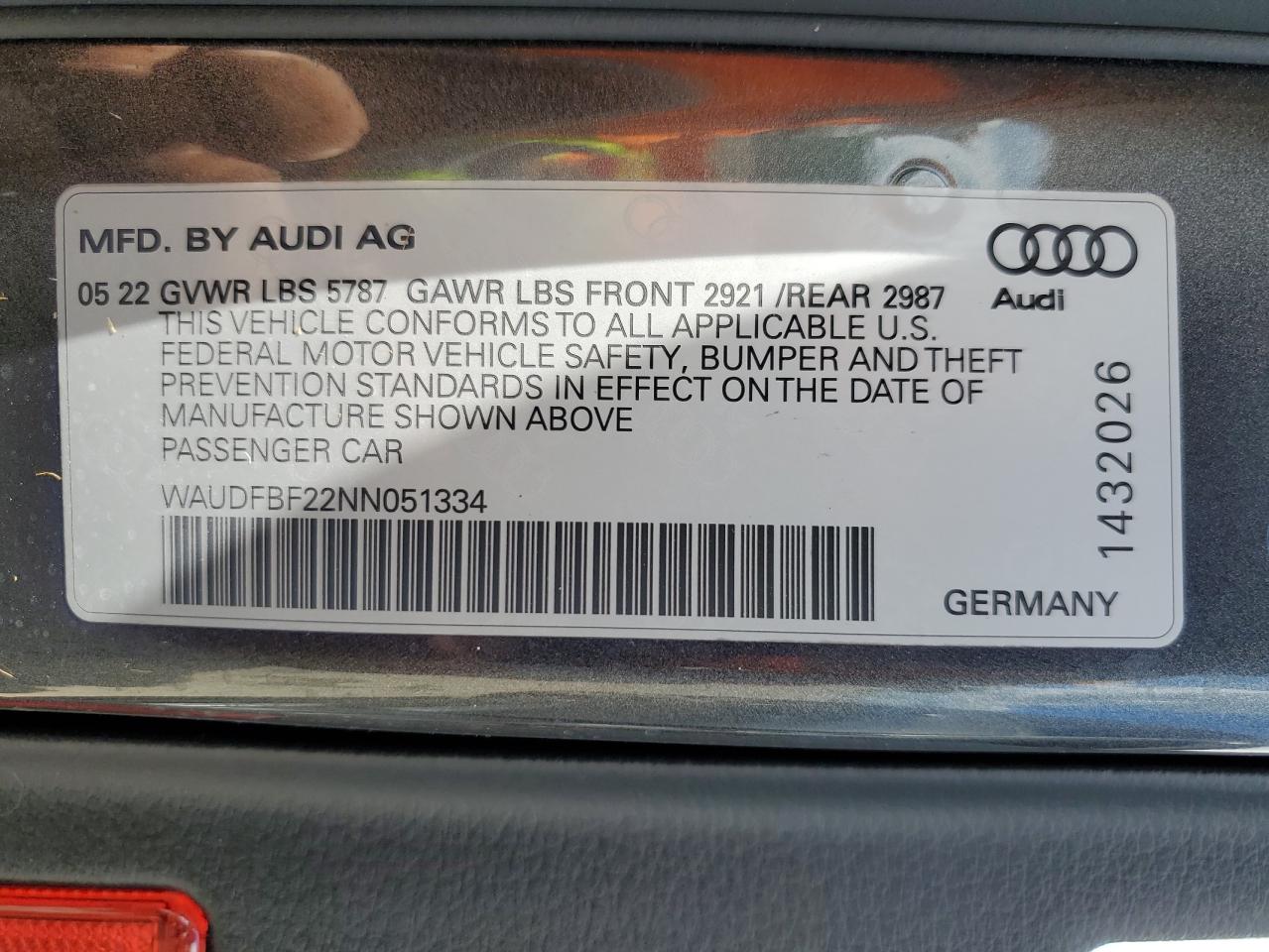 2022 Audi S6 Premium Plus VIN: WAUDFBF22NN051334 Lot: 80732084