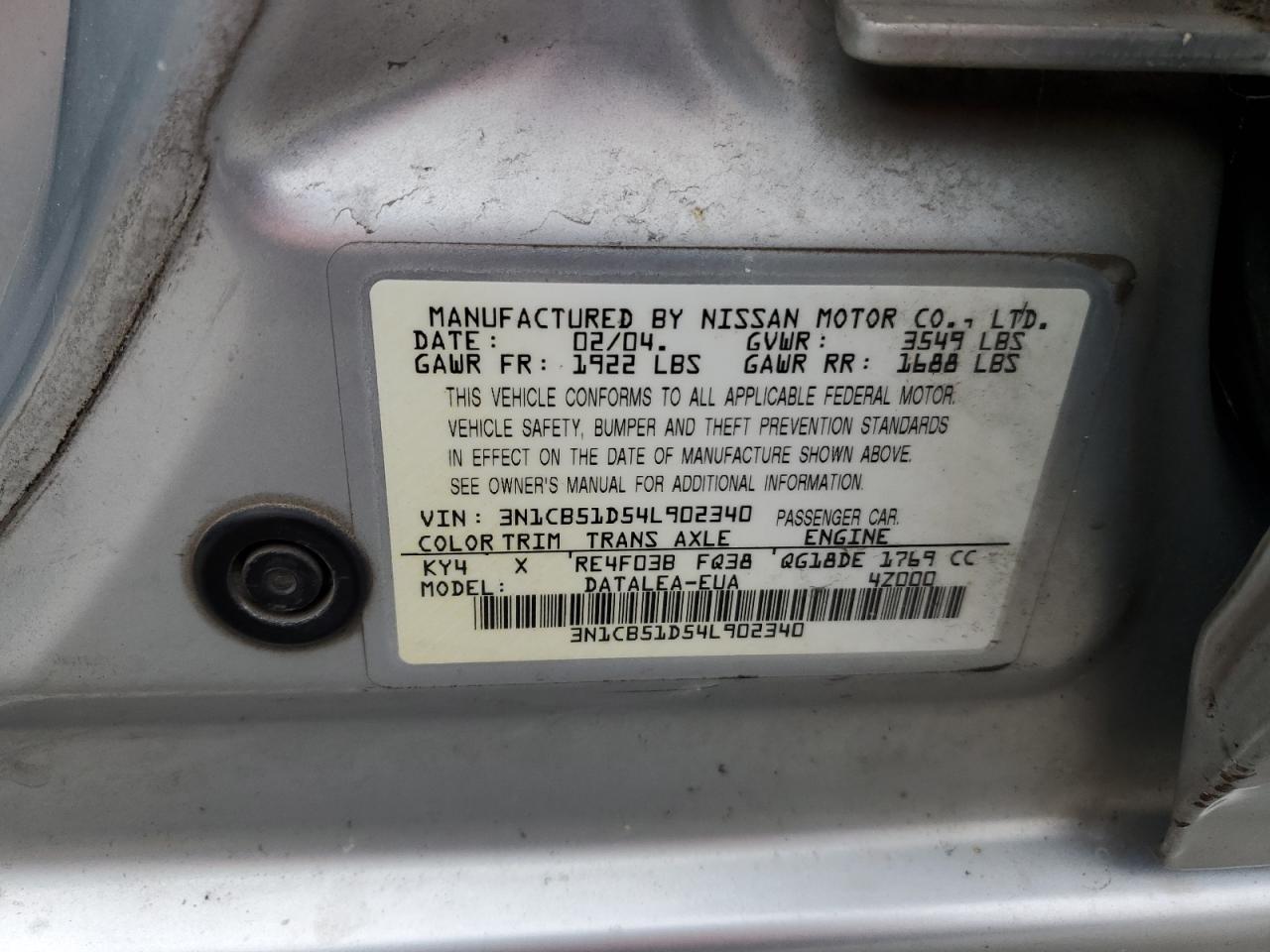 2004 Nissan Sentra 1.8 VIN: 3N1CB51D54L902340 Lot: 79129084