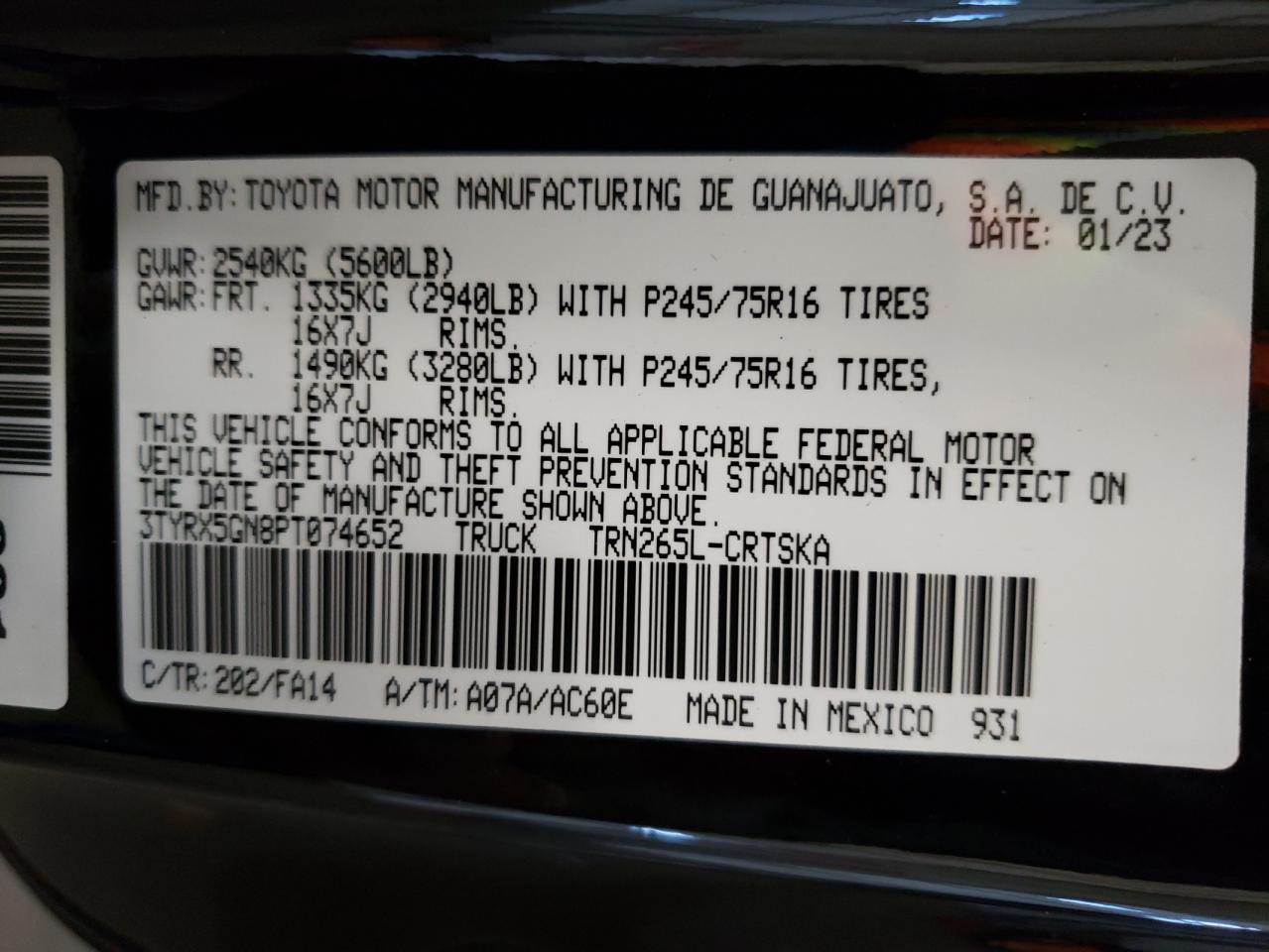 VIN 3TYRX5GN8PT074652 2023 TOYOTA TACOMA no.12