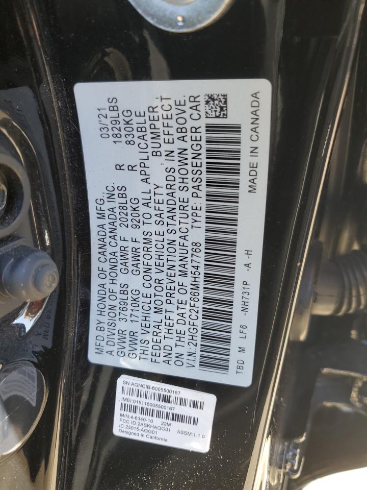 2021 Honda Civic Lx VIN: 2HGFC2F66MH547768 Lot: 80595534