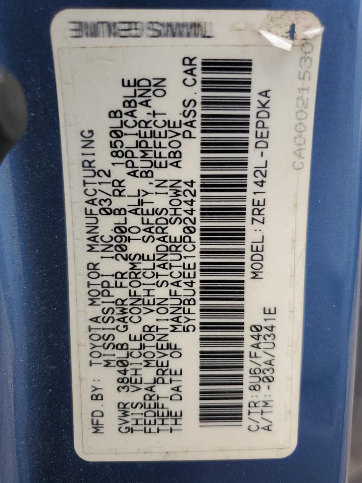 2012 Toyota Corolla Base VIN: 5YFBU4EE1CP024424 Lot: 79020984