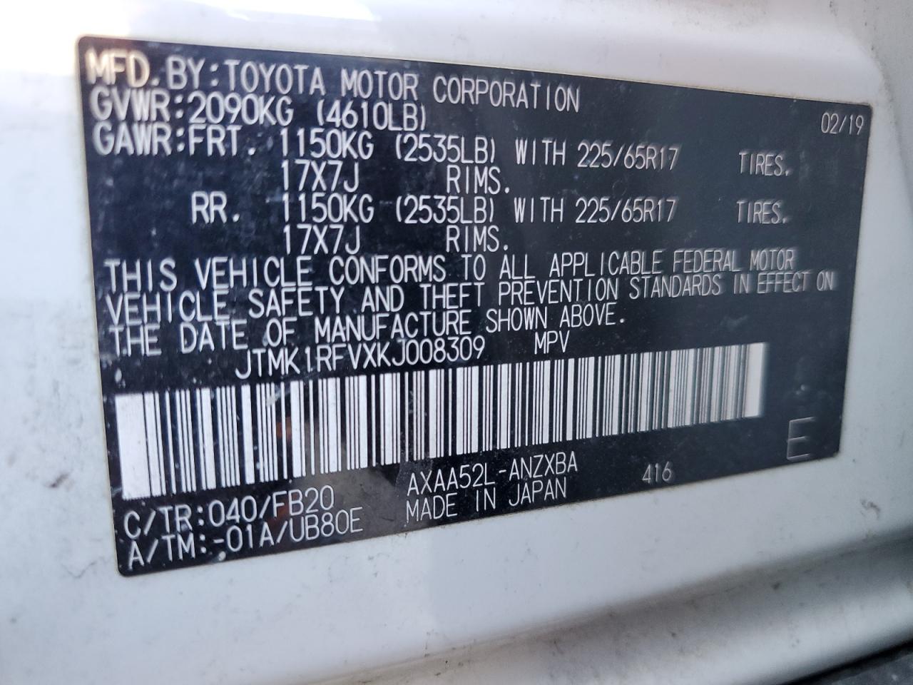 JTMK1RFVXKJ008309 2019 Toyota Rav4 Le