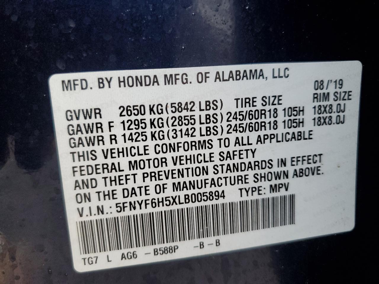 2020 Honda Pilot Exl VIN: 5FNYF6H5XLB005894 Lot: 80063504