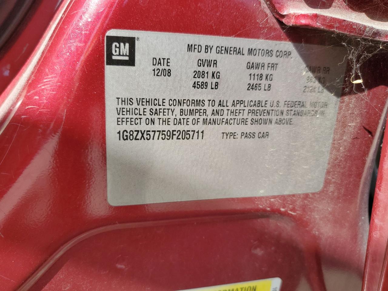 2009 Saturn Aura Xr VIN: 1G8ZX57759F205711 Lot: 51004305