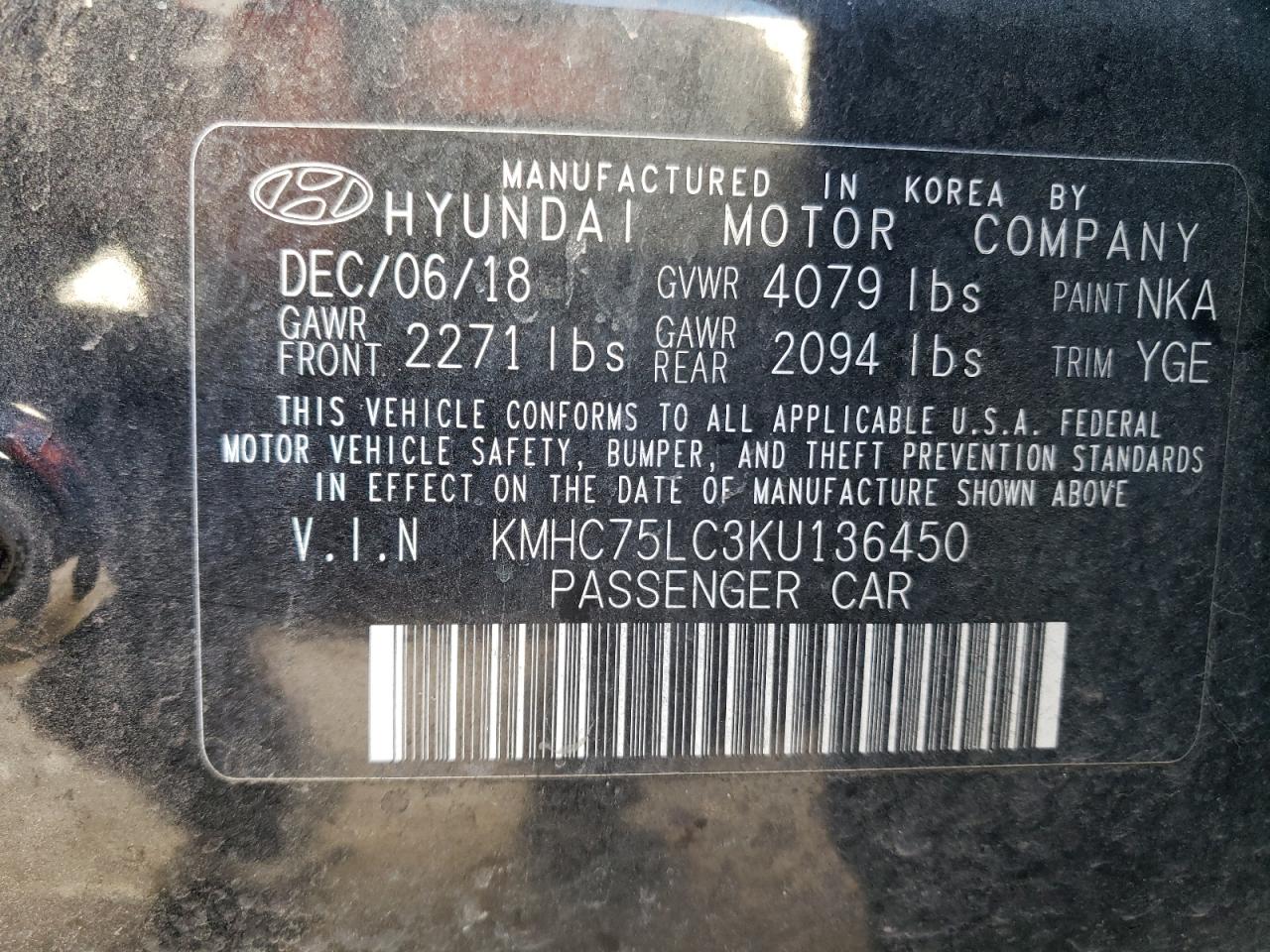 VIN KMHC75LC3KU136450 2019 HYUNDAI IONIQ no.12