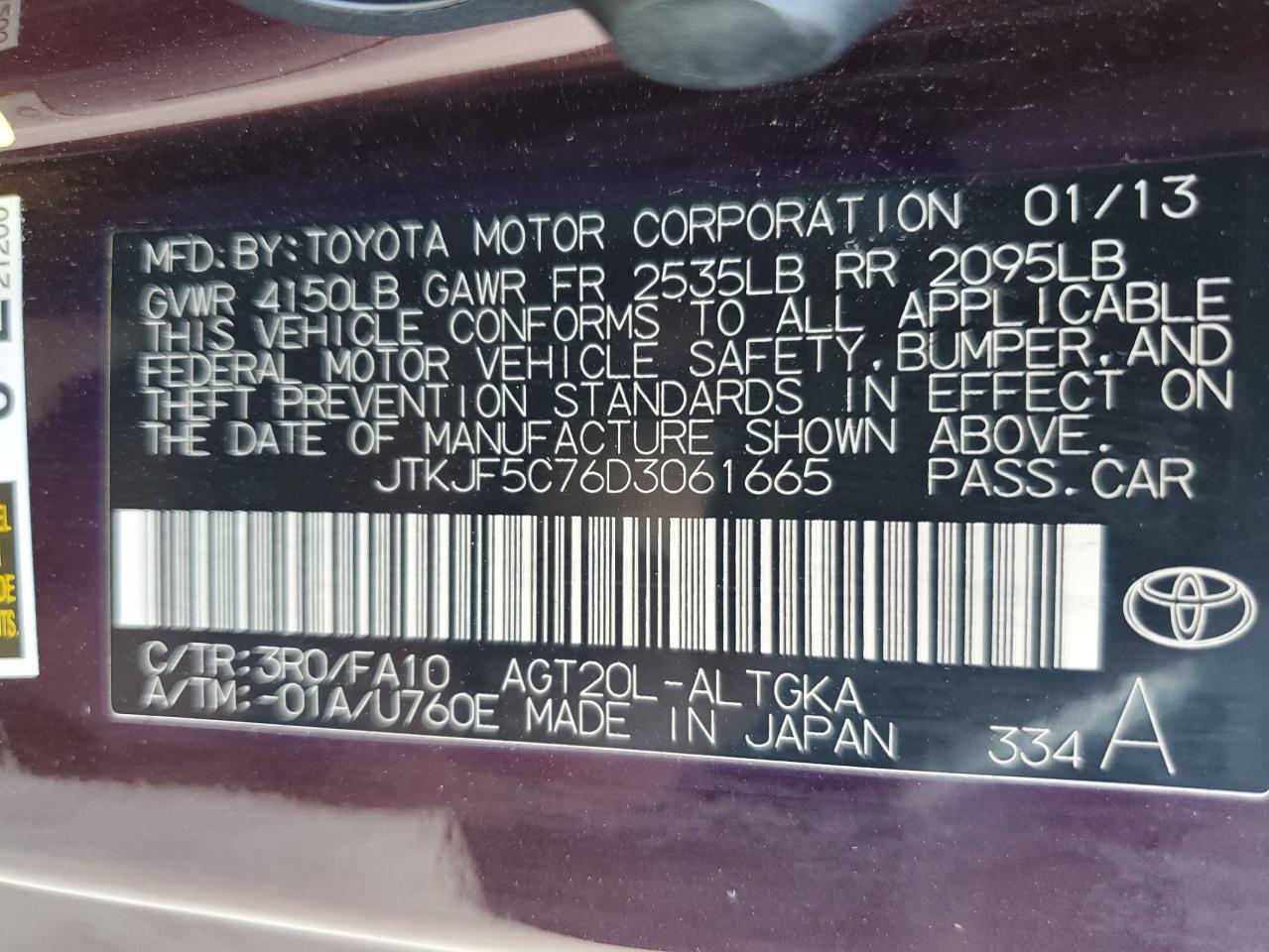 2013 Toyota Scion Tc VIN: JTKJF5C76D3061665 Lot: 75729614