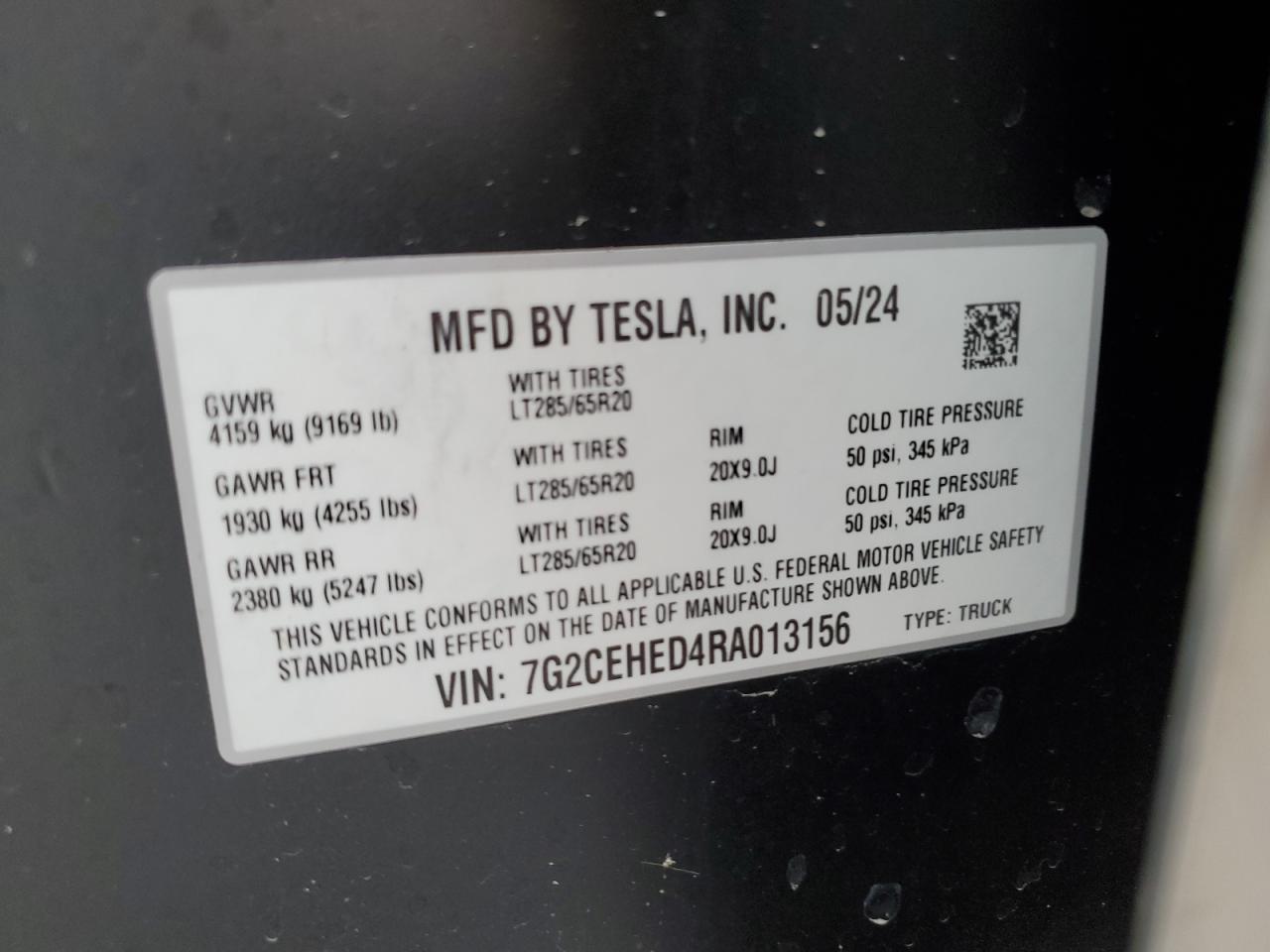 2024 Tesla Cybertruck VIN: 7G2CEHED4RA013156 Lot: 77332004