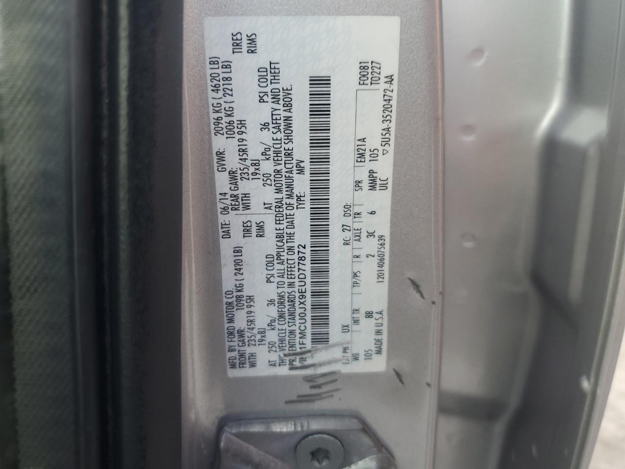 VIN 1FMCU0JX9EUD77872 2014 FORD ESCAPE no.13