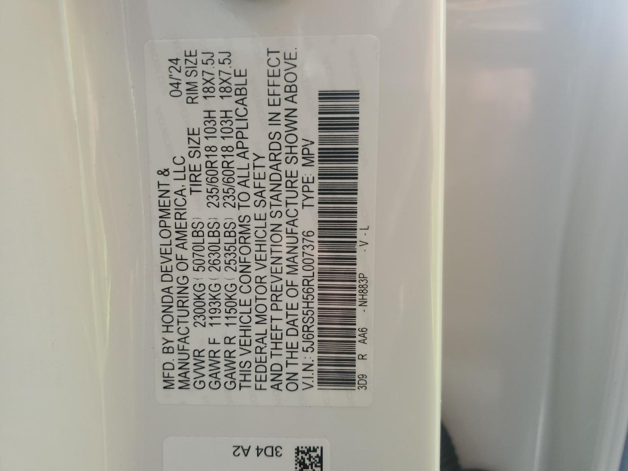 2024 Honda Cr-V Sport VIN: 5J6RS5H56RL007376 Lot: 79582094