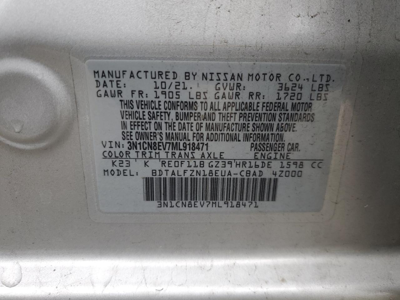 VIN 3N1CN8EV7ML918471 2021 NISSAN VERSA no.12