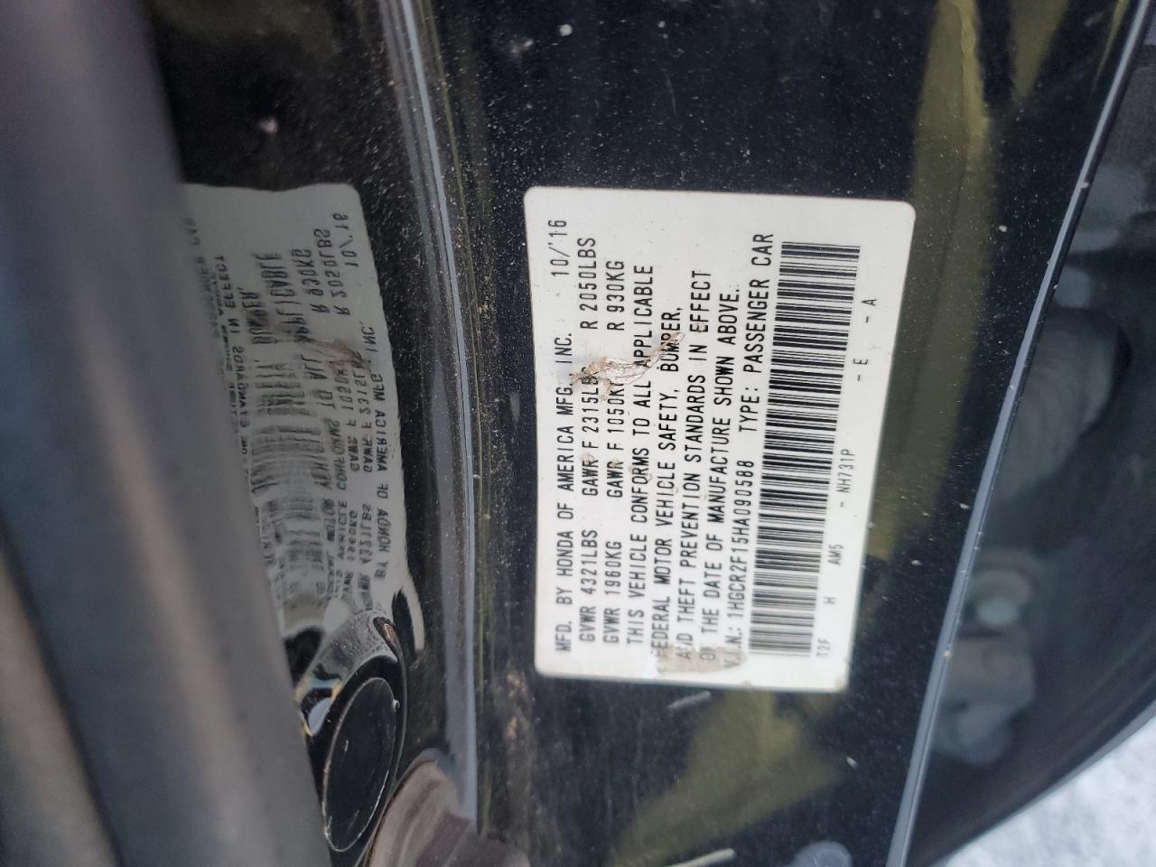 VIN 1HGCR2F15HA090588 2017 HONDA ACCORD no.12