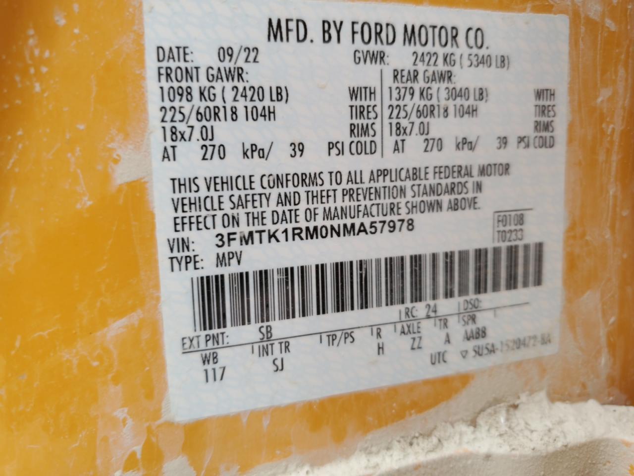 2022 Ford Mustang Mach-E Select VIN: 3FMTK1RM0NMA57978 Lot: 78918104