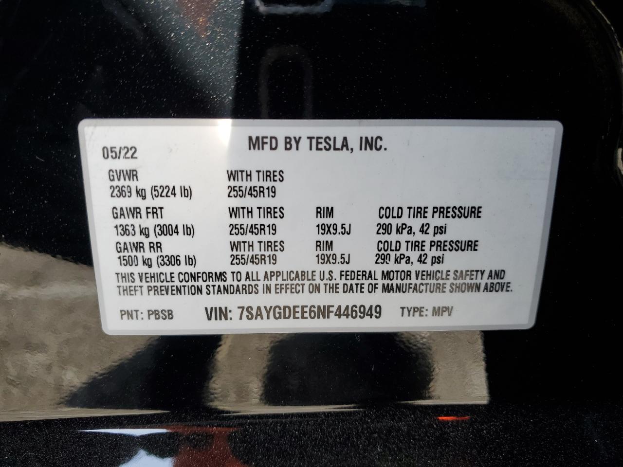 VIN 7SAYGDEE6NF446949 2022 TESLA MODEL Y no.13