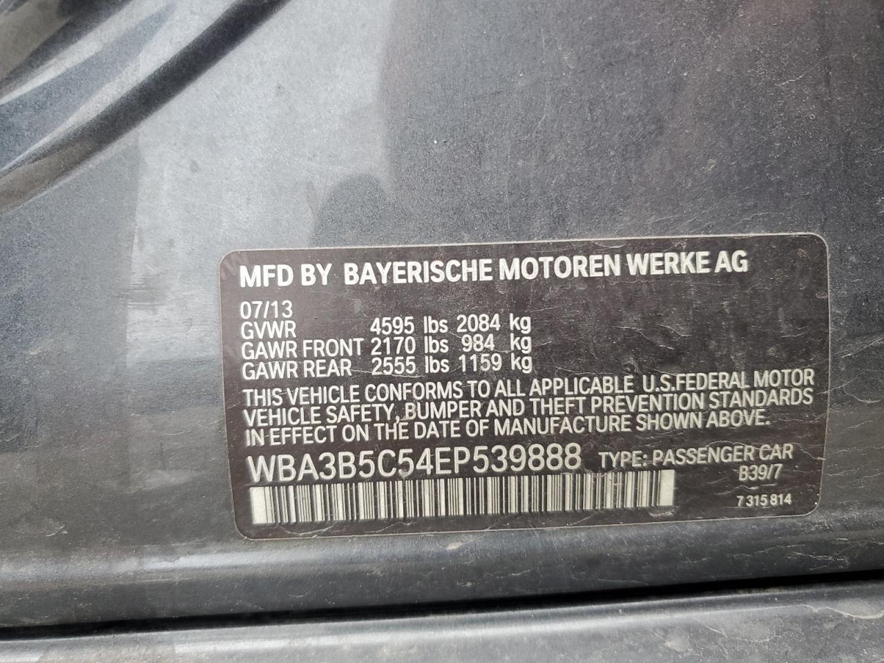 2014 BMW 328 Xi Sulev VIN: WBA3B5C54EP539888 Lot: 77932904