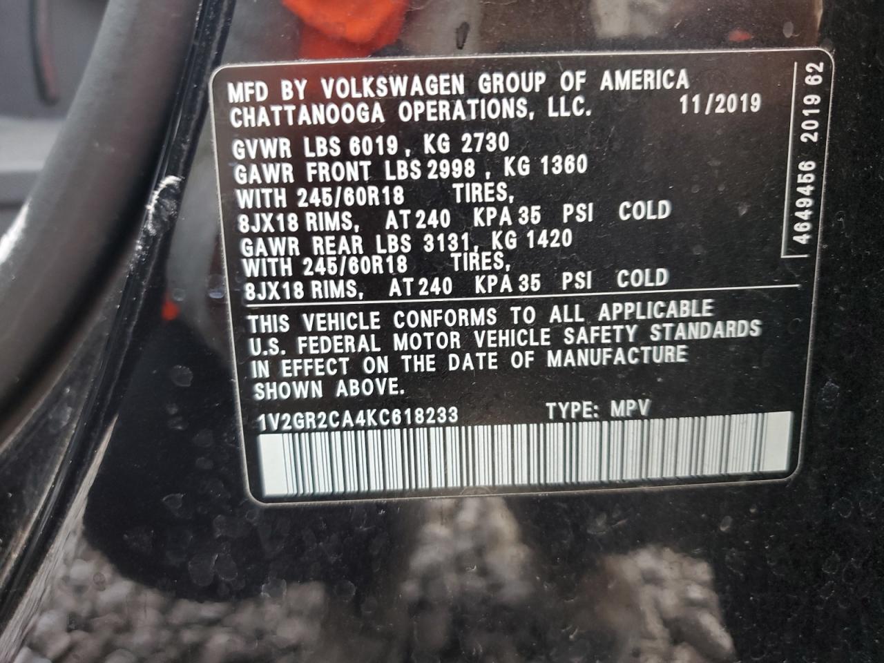 VIN 1V2GR2CA4KC618233 2019 VOLKSWAGEN ATLAS no.13