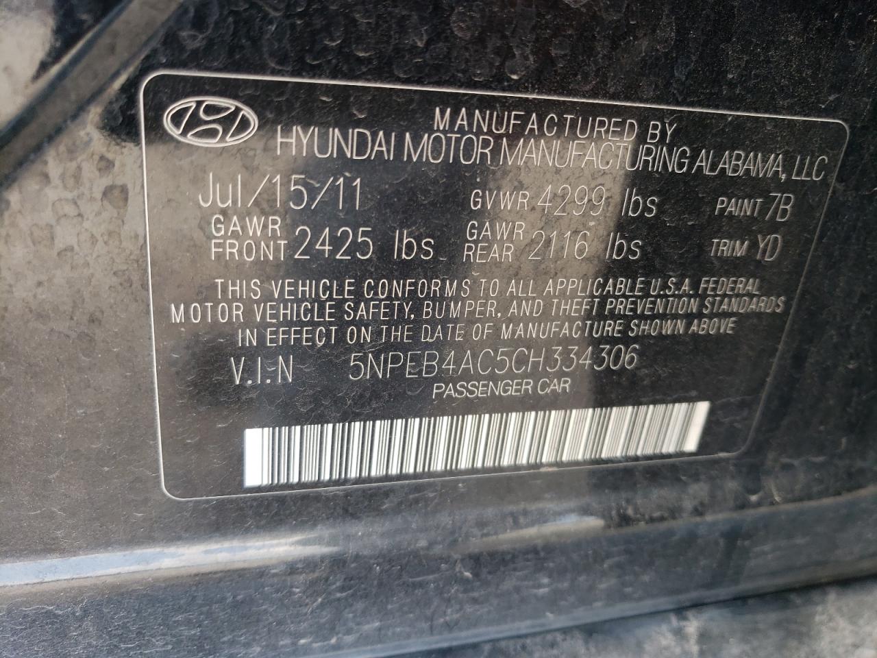 2012 Hyundai Sonata Gls VIN: 5NPEB4AC5CH334306 Lot: 79537804