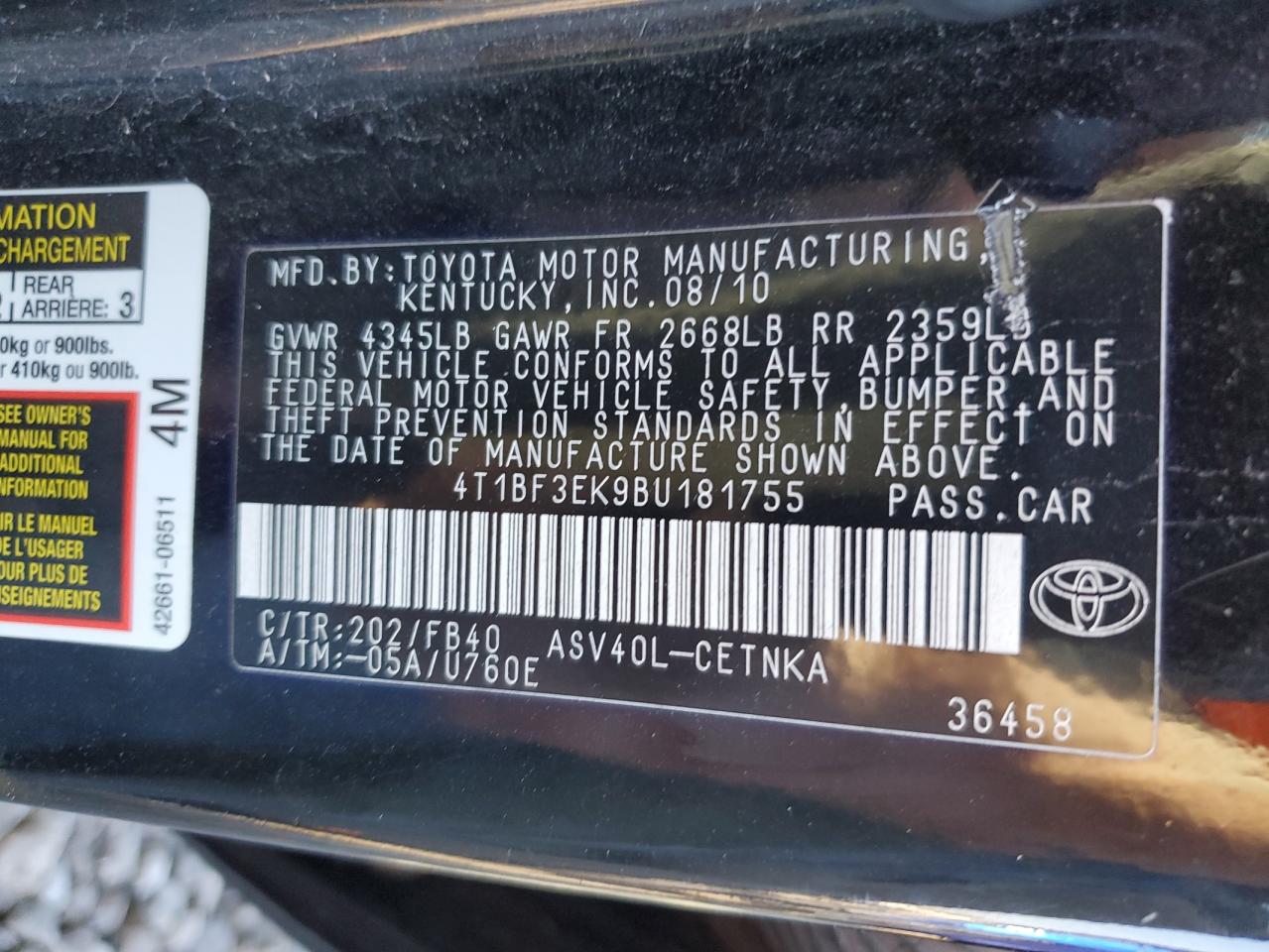 2011 Toyota Camry Base VIN: 4T1BF3EK9BU181755 Lot: 79667644