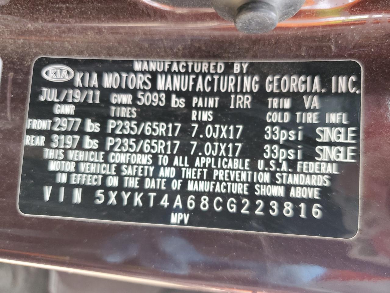 2012 Kia Sorento Base VIN: 5XYKT4A68CG223816 Lot: 79083344