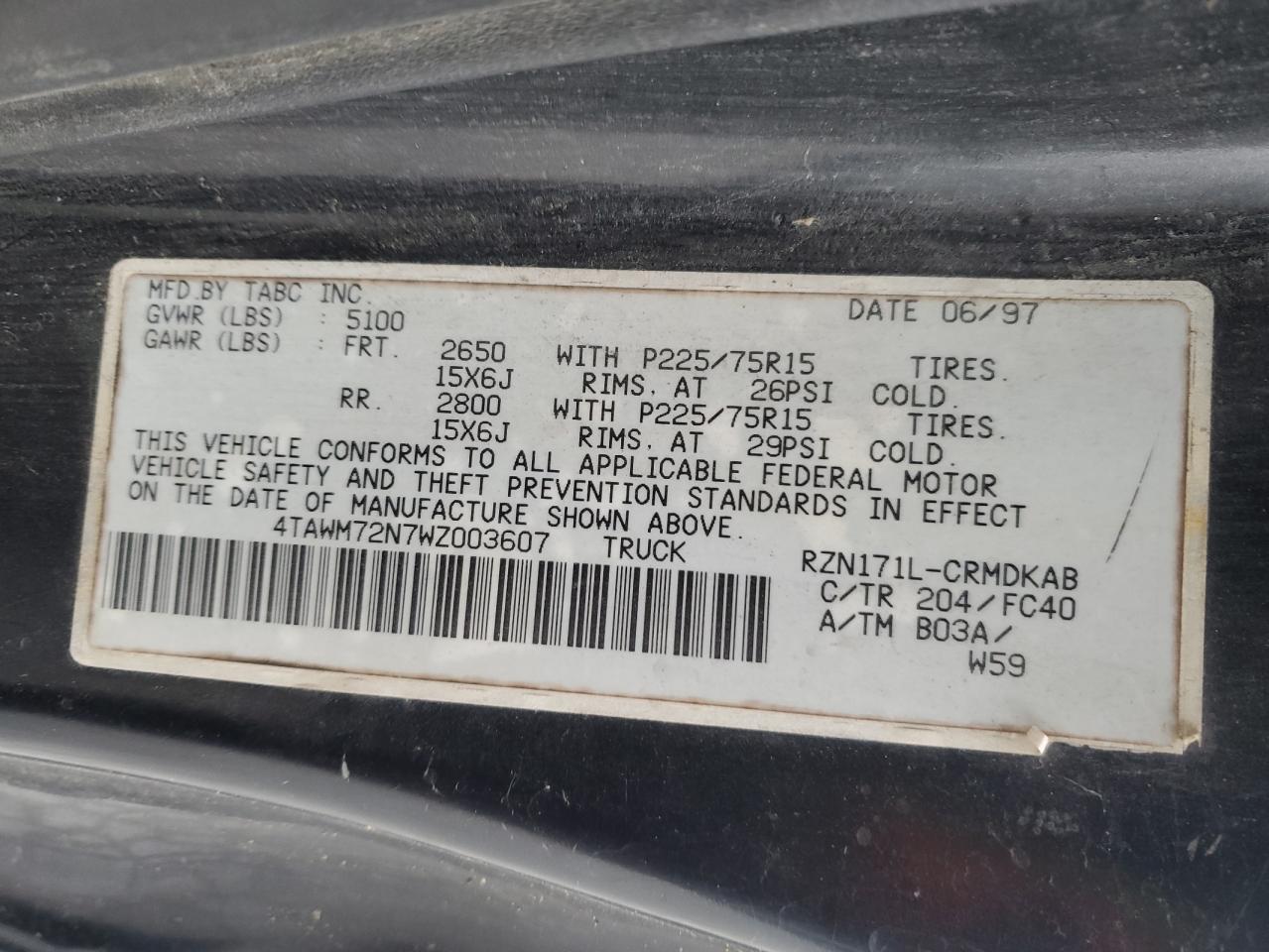 1998 Toyota Tacoma Xtracab VIN: 4TAWM72N7WZ003607 Lot: 82192154