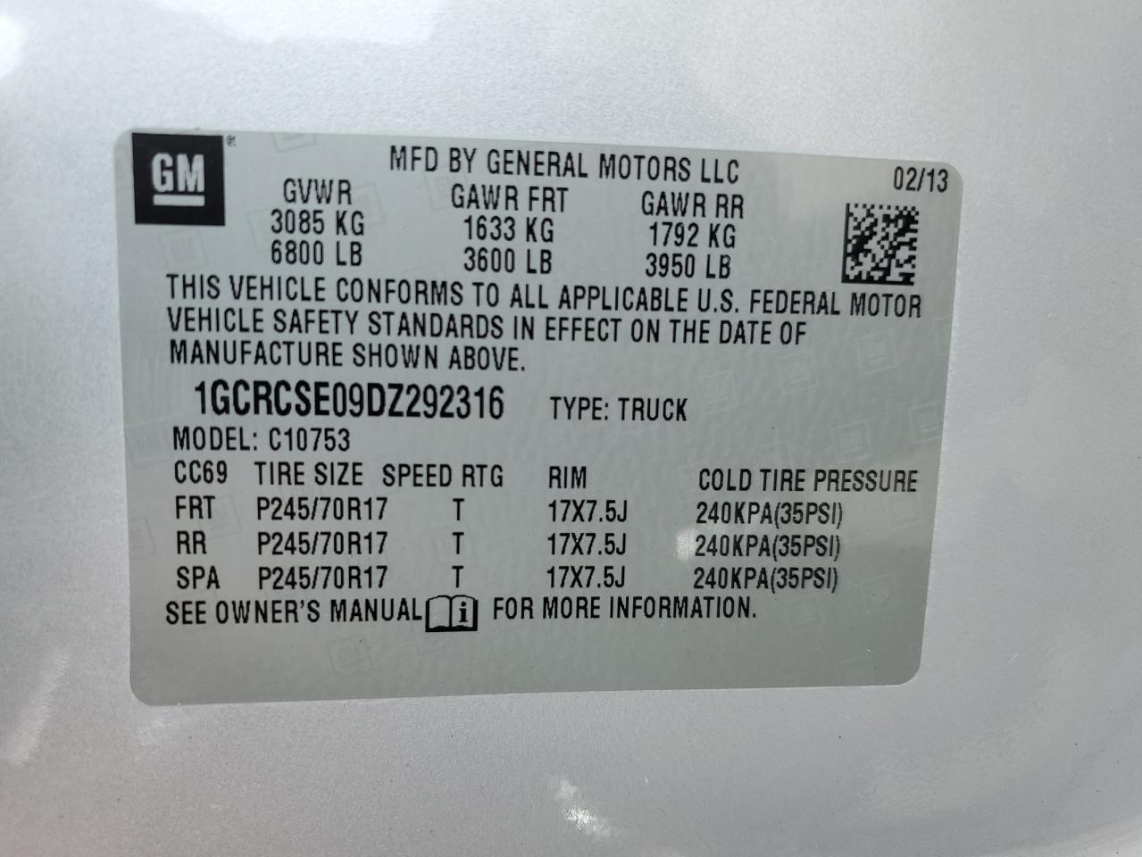 VIN 1GCRCSE09DZ292316 2013 CHEVROLET ALL Models no.12