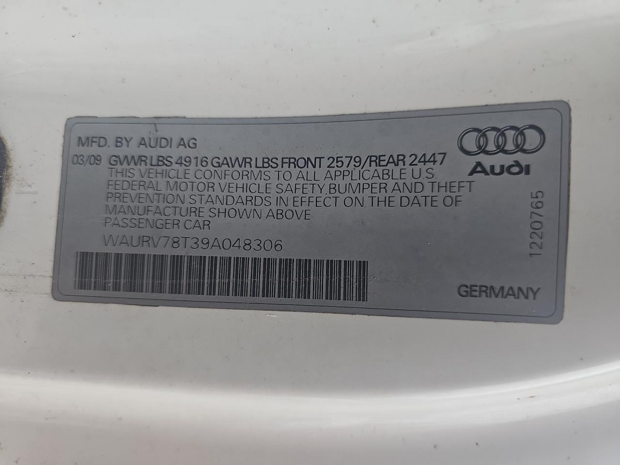 2009 Audi S5 Quattro VIN: WAURV78T39A048306 Lot: 80370284