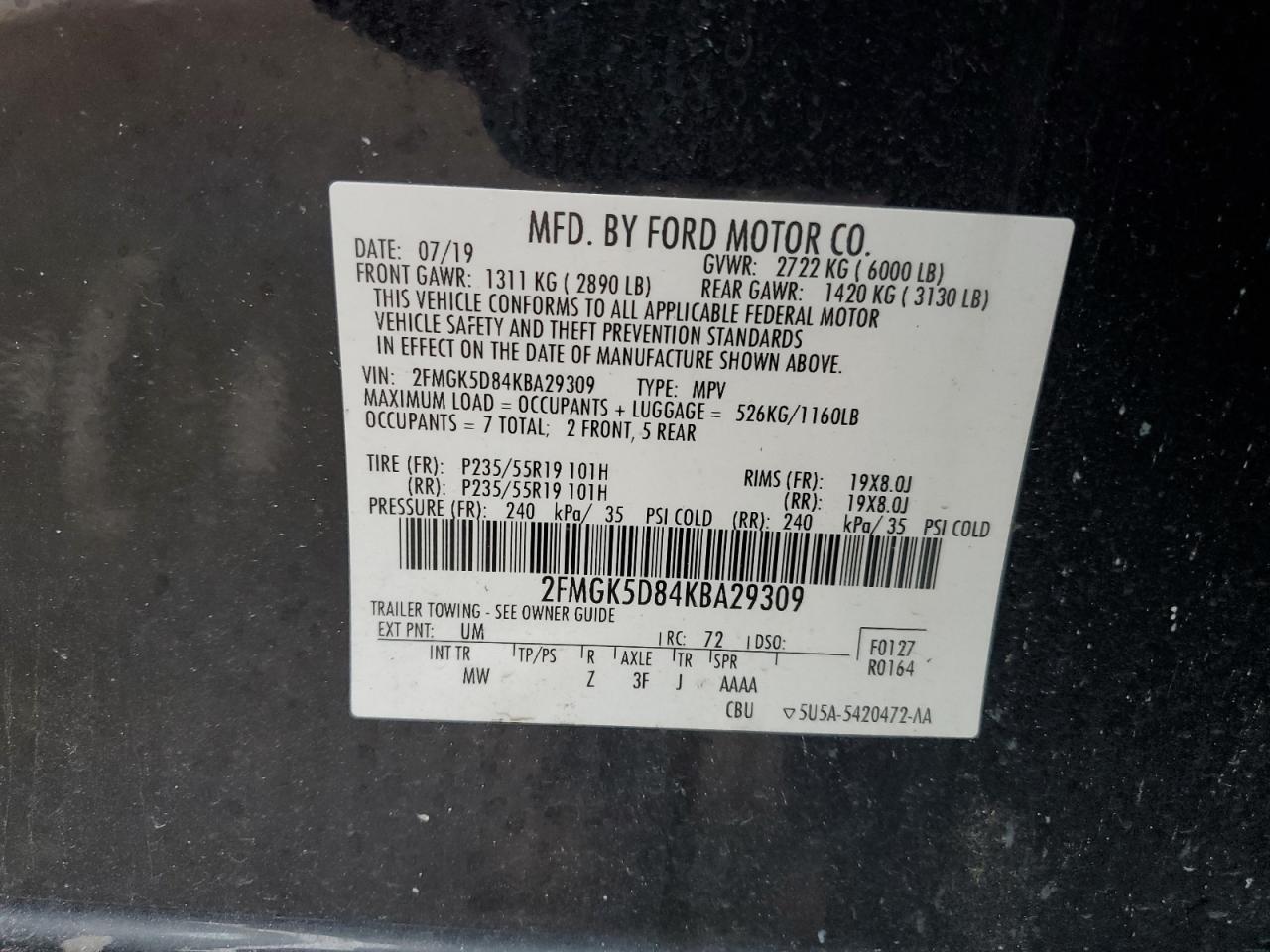 VIN 2FMGK5D84KBA29309 2019 FORD FLEX no.14