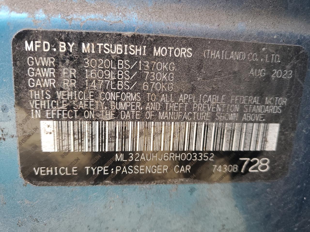 2024 Mitsubishi Mirage Es VIN: ML32AUHJ6RH003352 Lot: 80157584