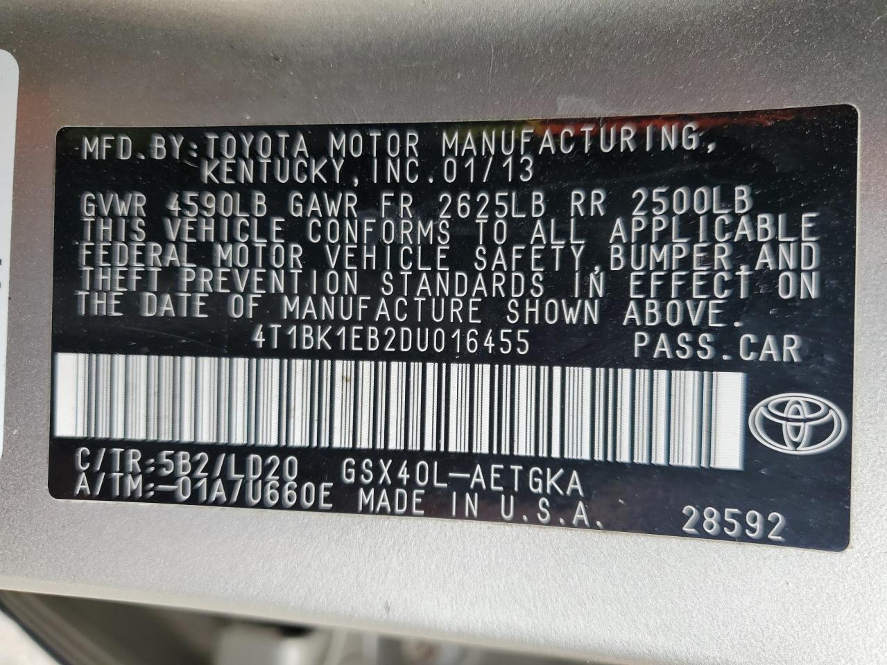 VIN 4T1BK1EB2DU016455 2013 TOYOTA AVALON no.13