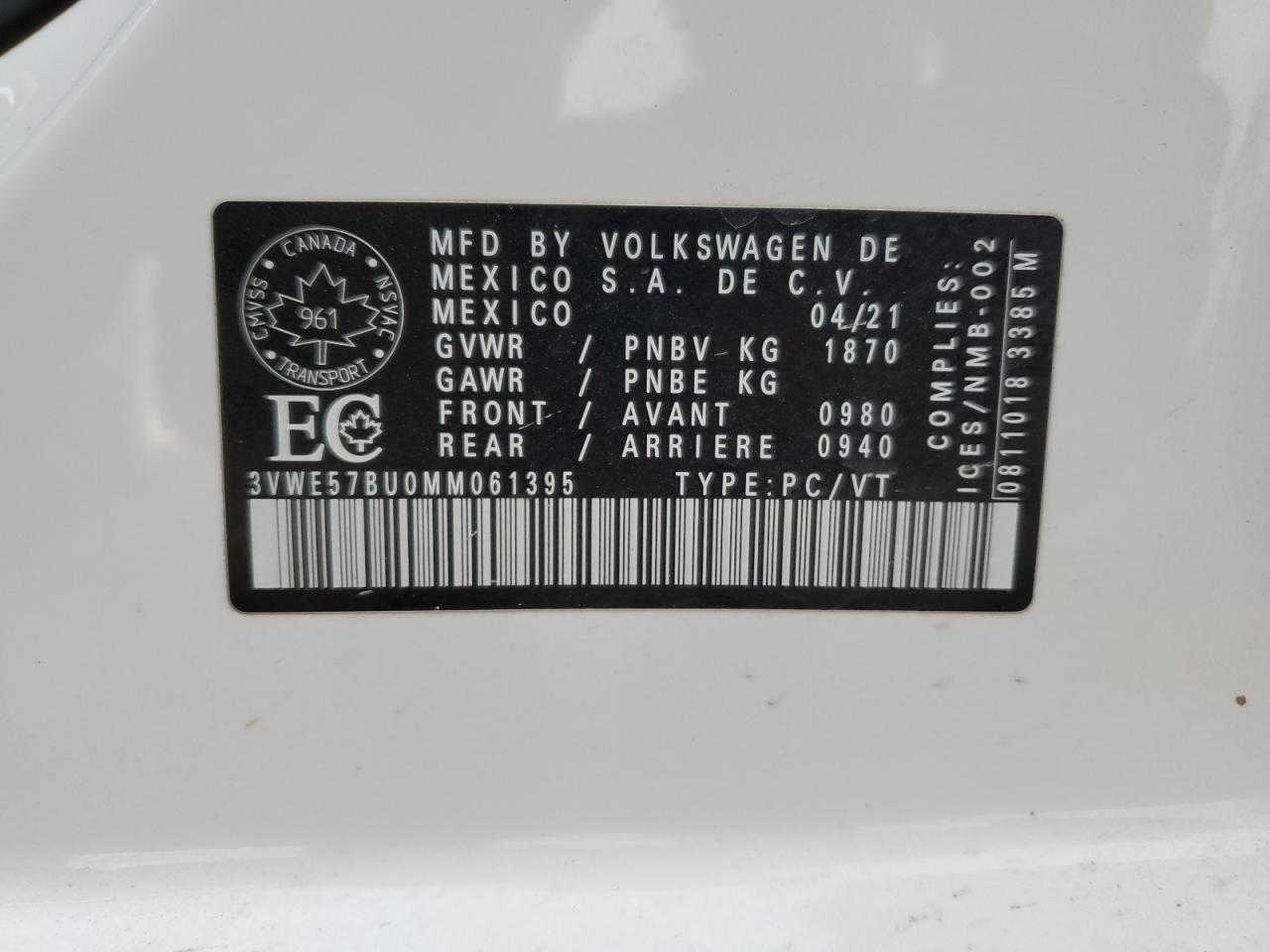 2021 Volkswagen Jetta Sel VIN: 3VWE57BU0MM061395 Lot: 80946824