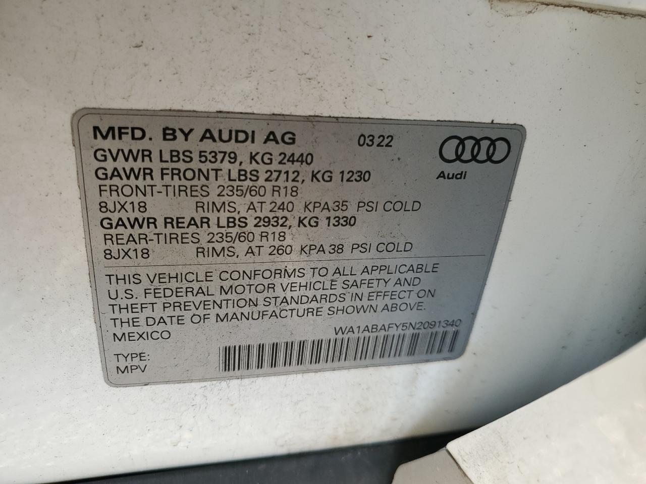 VIN WA1ABAFY5N2091340 2022 AUDI Q5 no.13