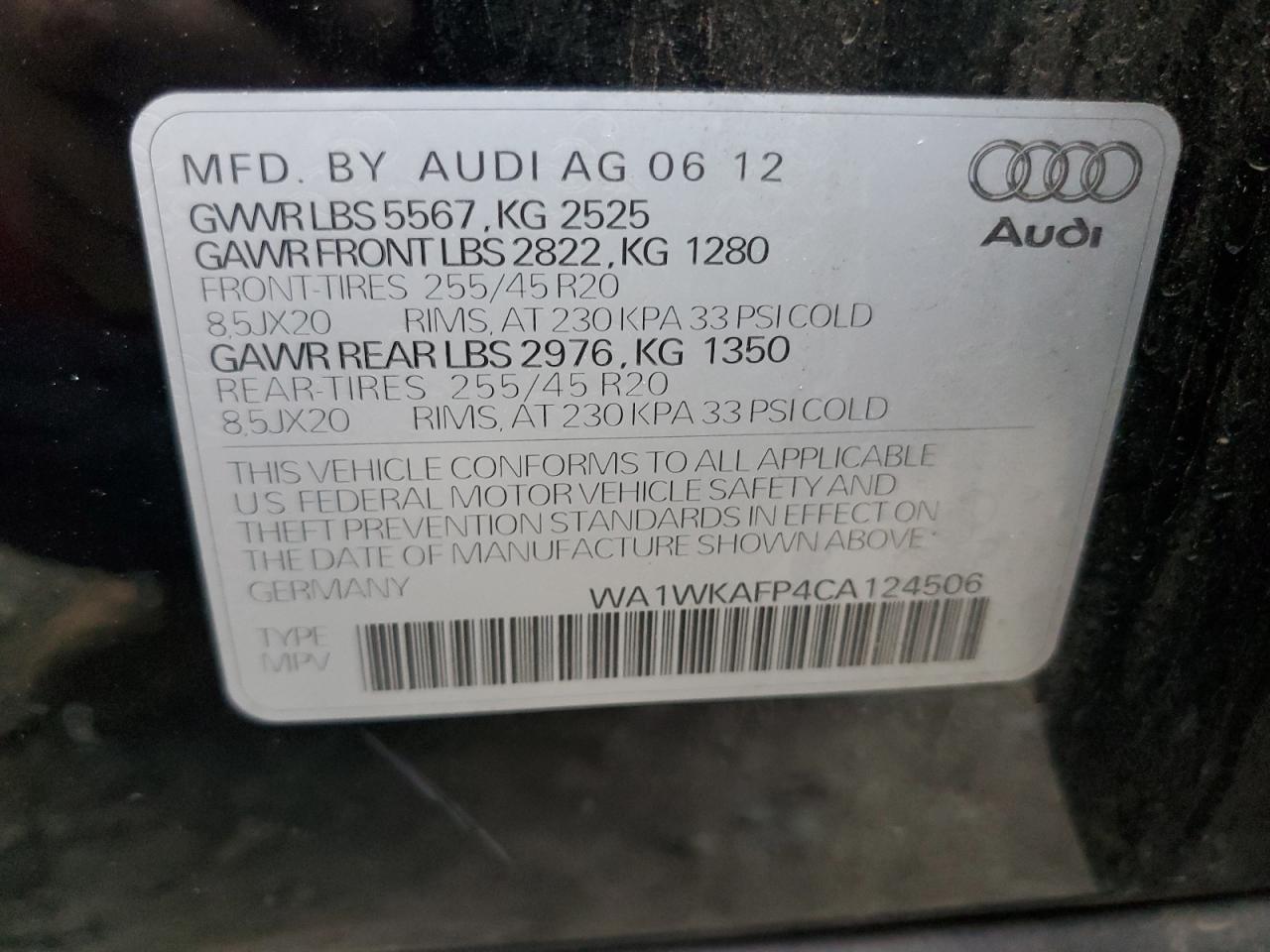 2012 Audi Q5 Prestige VIN: WA1WKAFP4CA124506 Lot: 80774174