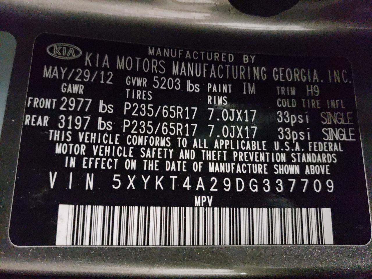 VIN 5XYKT4A29DG337709 2013 KIA SORENTO no.13