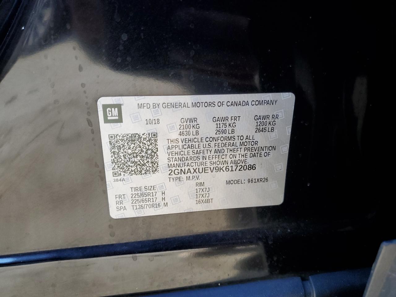 2019 Chevrolet Equinox Lt VIN: 2GNAXUEV9K6172086 Lot: 78494794