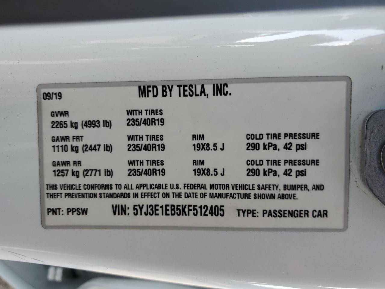 2019 Tesla Model 3 VIN: 5YJ3E1EB5KF512405 Lot: 81259084