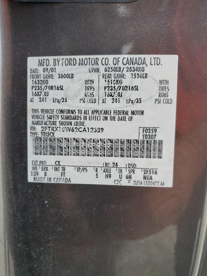 2002 Ford F150 VIN: 2FTRX18W62CA12389 Lot: 81760834