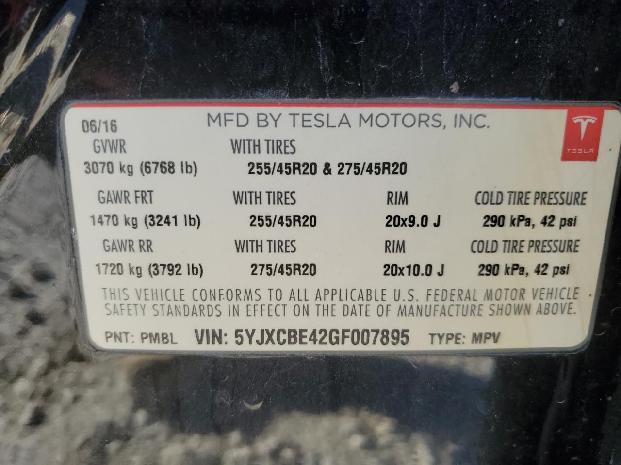 2016 Tesla Model X VIN: 5YJXCBE42GF007895 Lot: 82178864