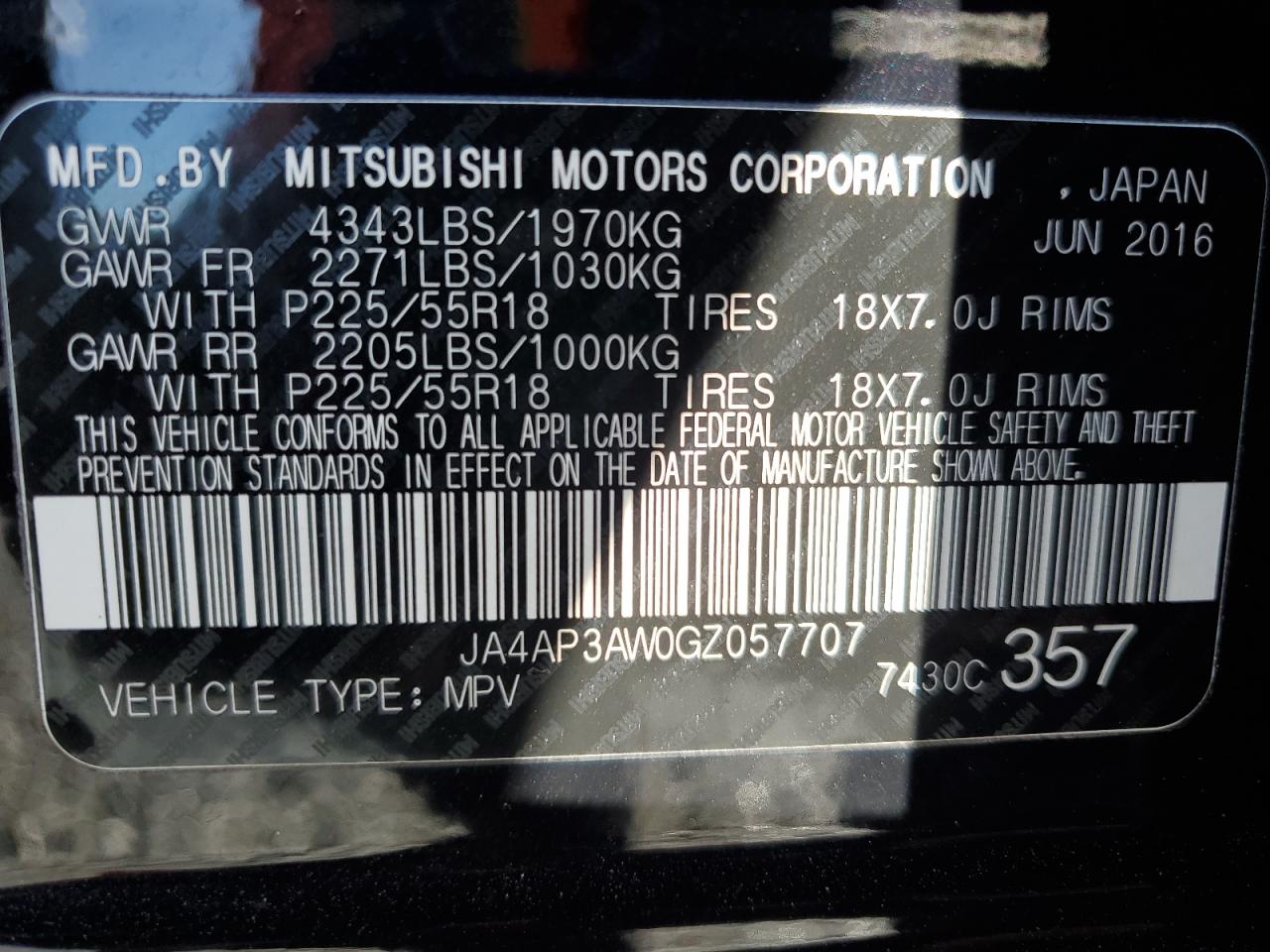 2016 Mitsubishi Outlander Sport Es VIN: JA4AP3AW0GZ057707 Lot: 80028014