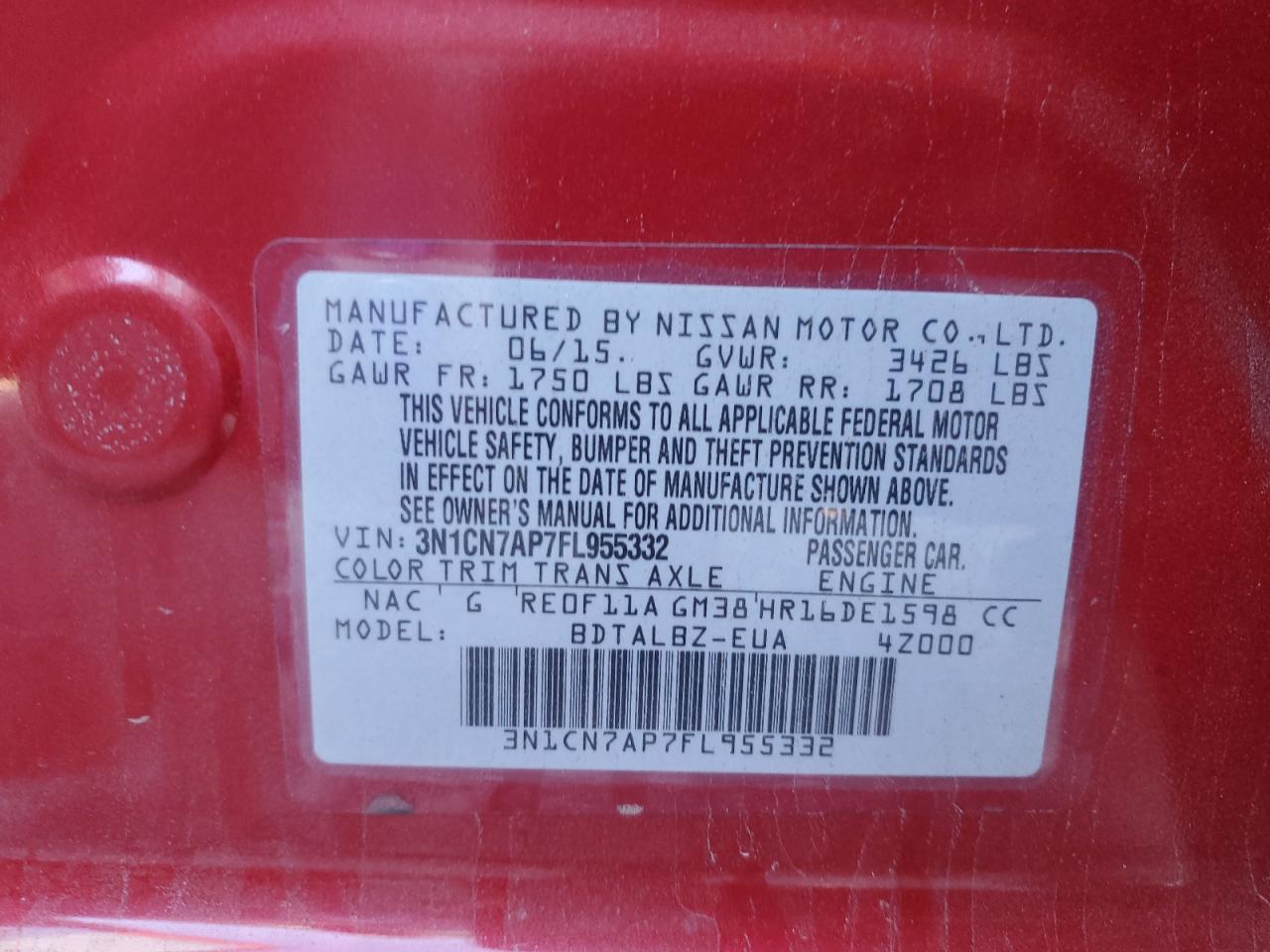 VIN 3N1CN7AP7FL955332 2015 NISSAN VERSA no.12