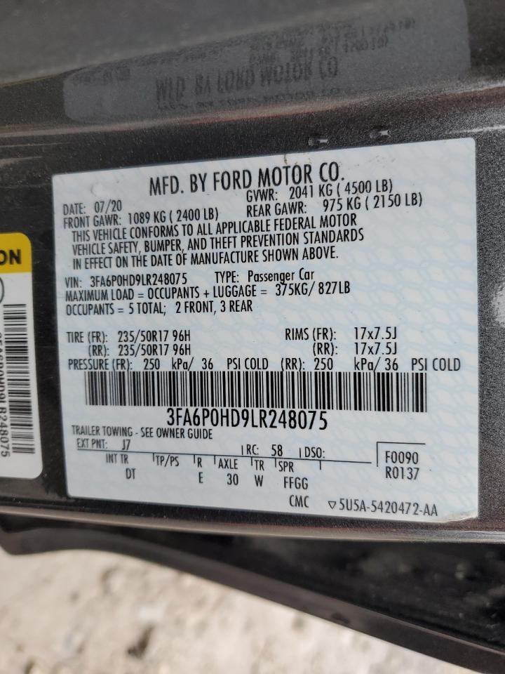 2020 Ford Fusion Se VIN: 3FA6P0HD9LR248075 Lot: 80585224