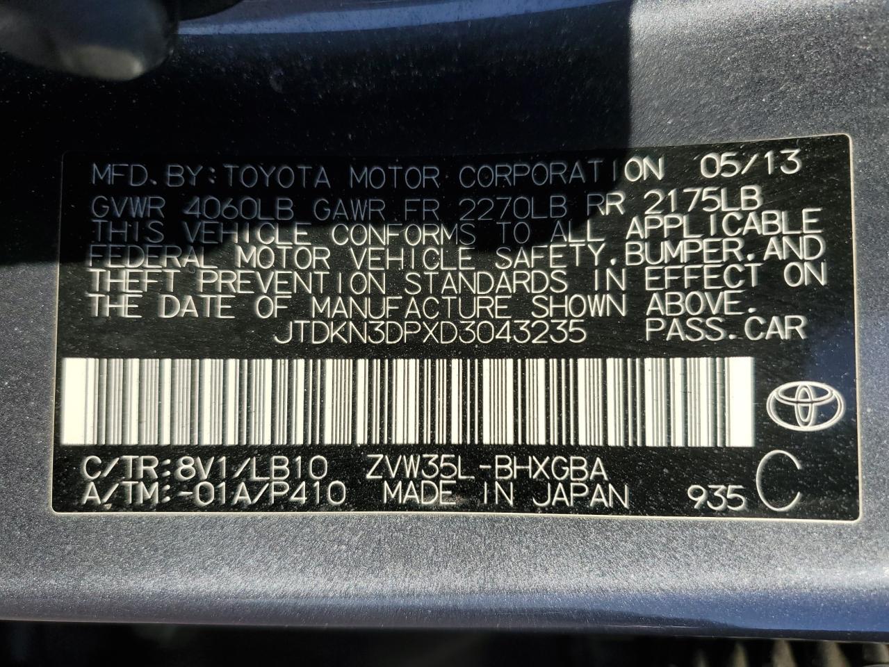 2013 Toyota Prius Plug-In VIN: JTDKN3DPXD3043235 Lot: 81156884