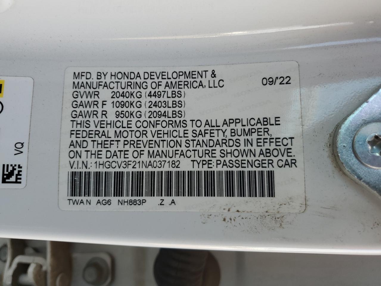 VIN 1HGCV3F21NA037182 2022 HONDA ACCORD no.12