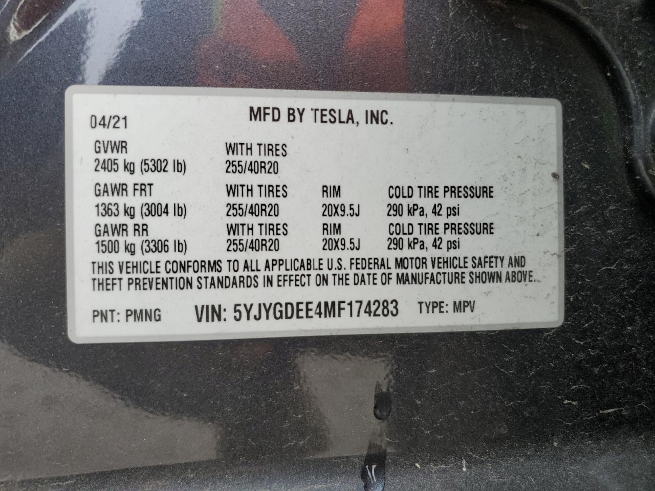 2021 Tesla Model Y VIN: 5YJYGDEE4MF174283 Lot: 78814454