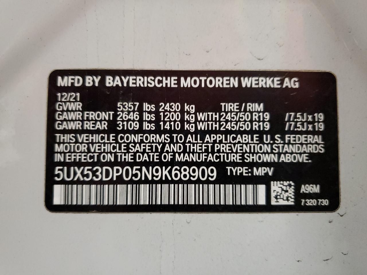 VIN 5UX53DP05N9K68909 2022 BMW X3 no.14